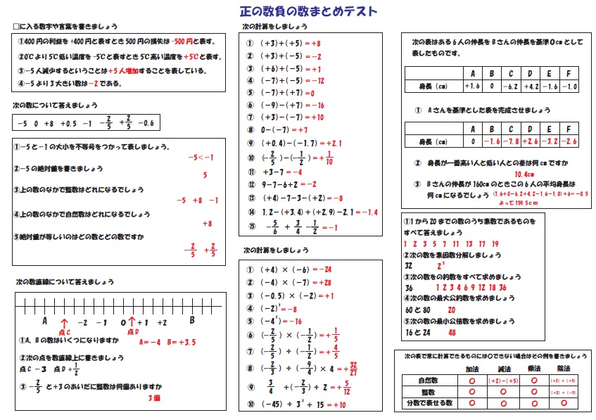 正の数負の数まとめテスト ブリッジぷりんと